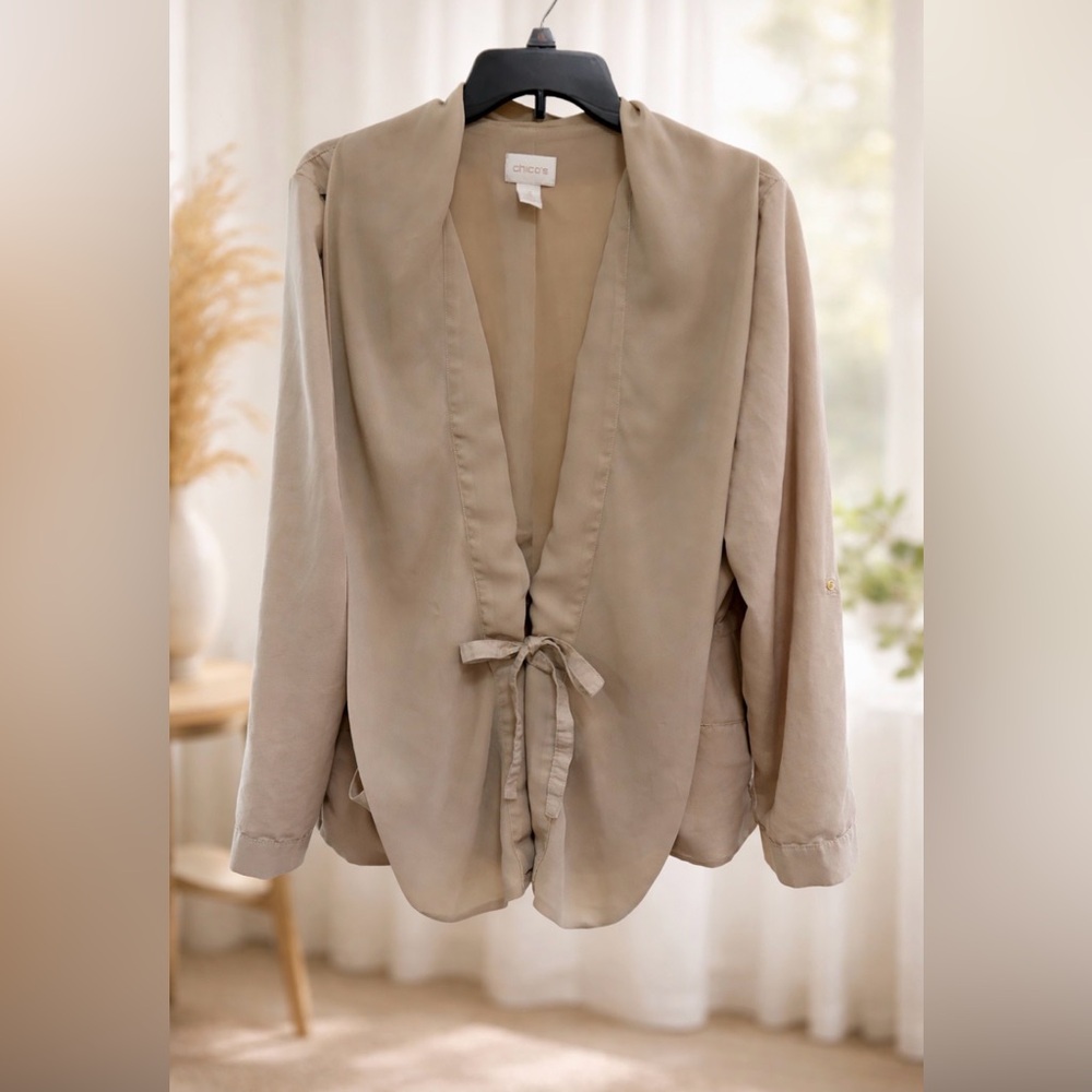 Chico's Soft Mix Safari Shawl Lapel Khaki Tan Sz 3 (16) Waist Tie Pearl Snaps XL